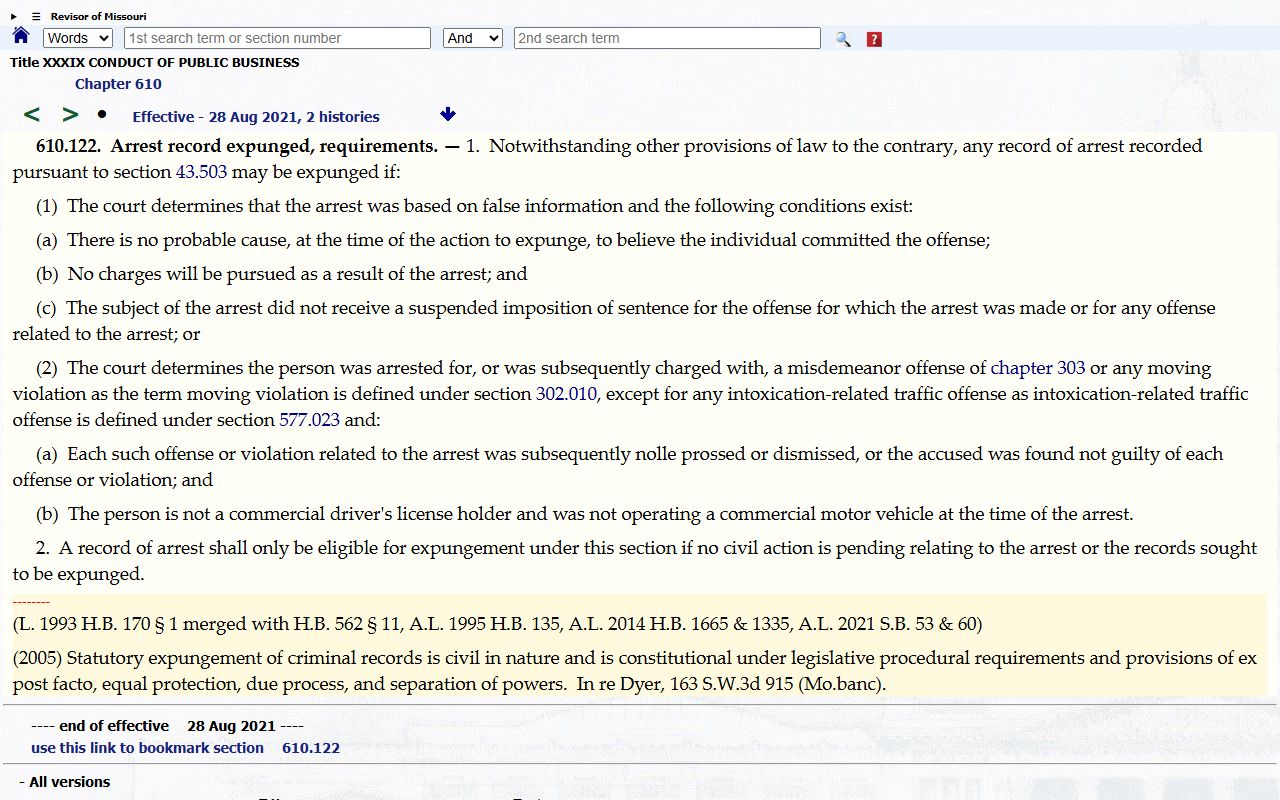 Ozark County criminal court records RSMo 610.122 arrest expungement