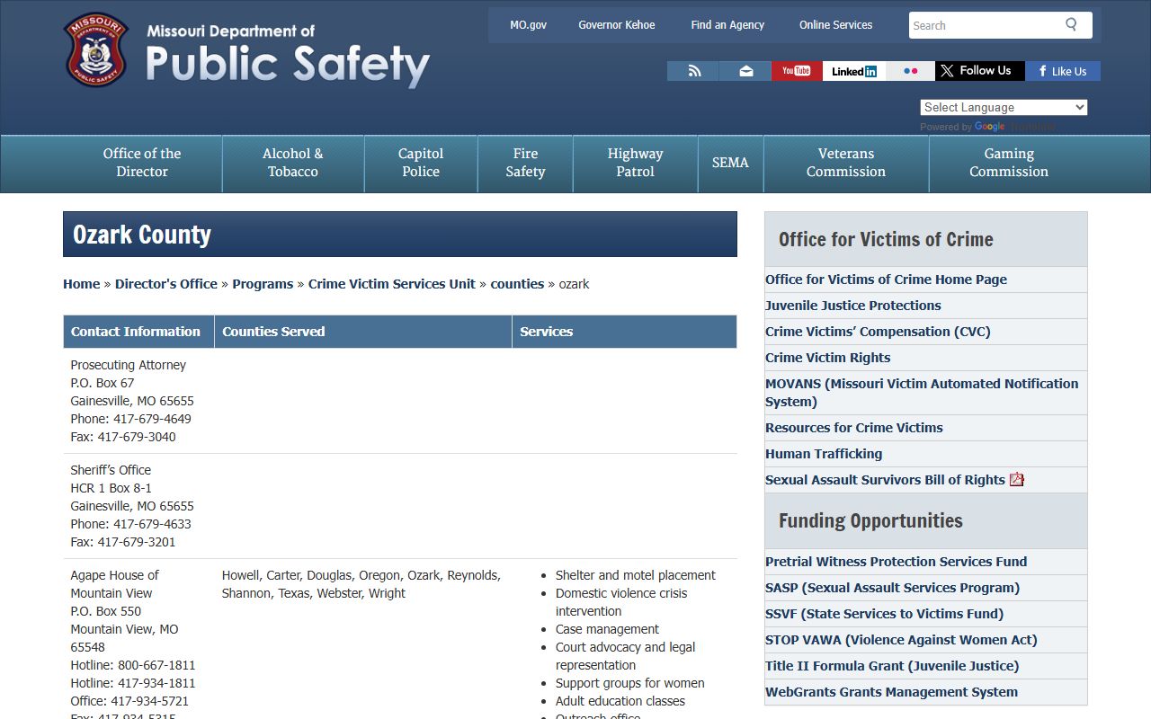 Ozark County inmate and court records DPS victim services contacts