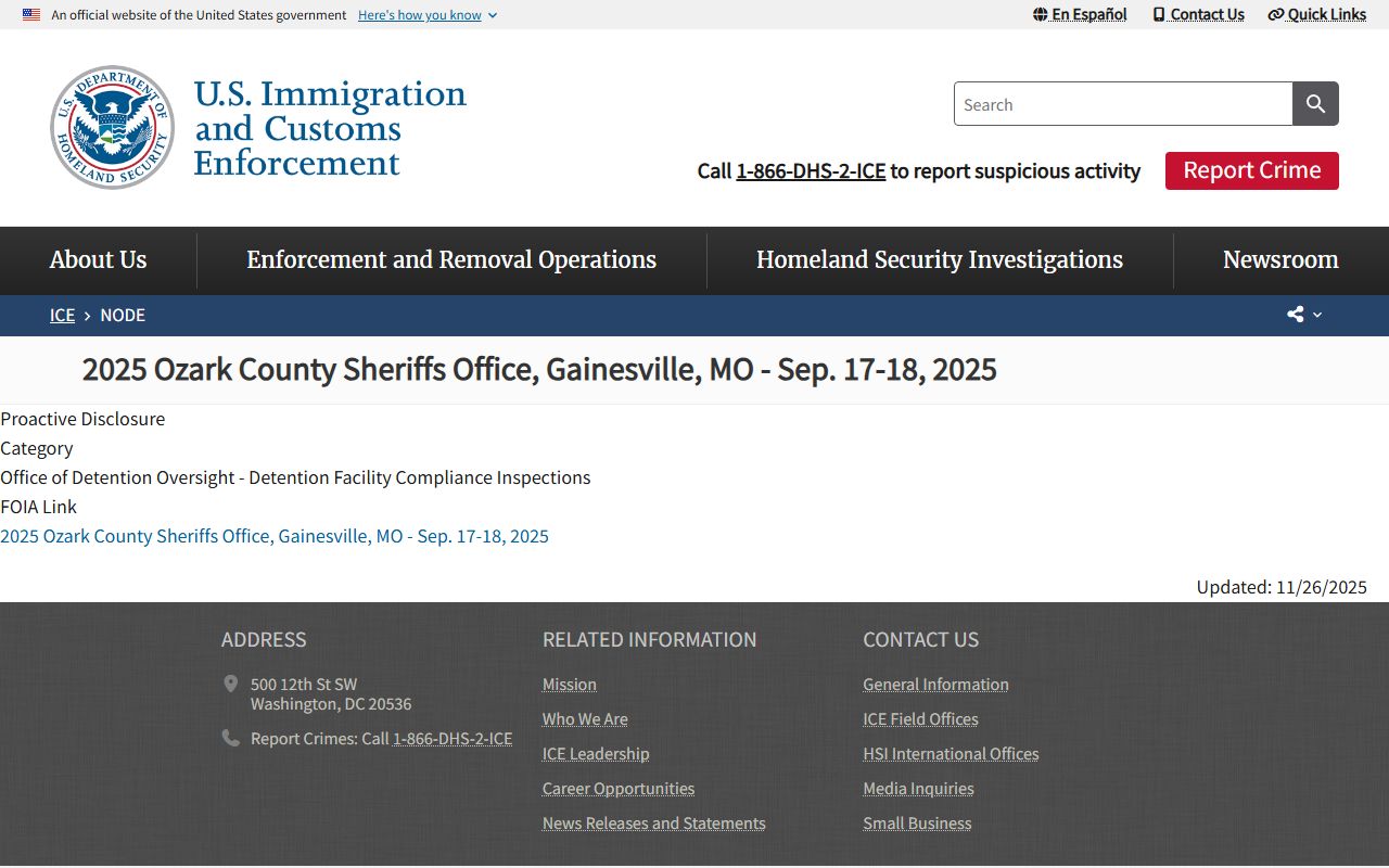 Ozark County inmate records ICE sheriff inspection disclosure