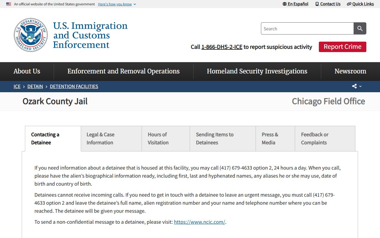 Ozark County inmate records ICE jail facility page
