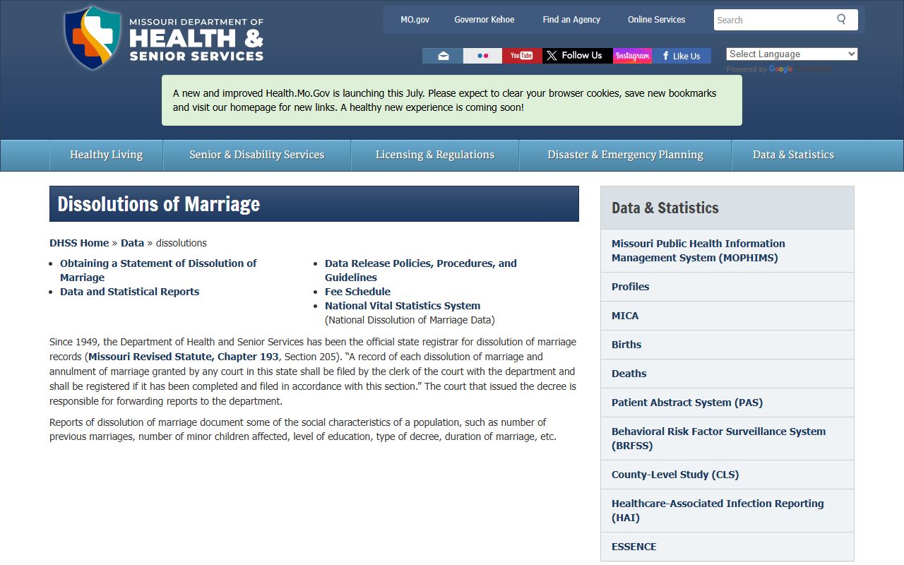 Ozark County divorce records DHSS dissolution information